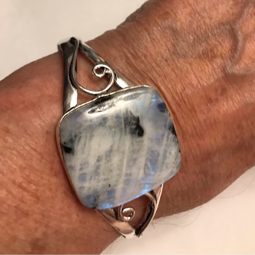 Rainbow Moonstone Stamped 925 Sterling Silver Cuff Bracelet